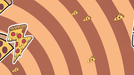 animación de iconos de pizza sobre rayas en fondo amarillo