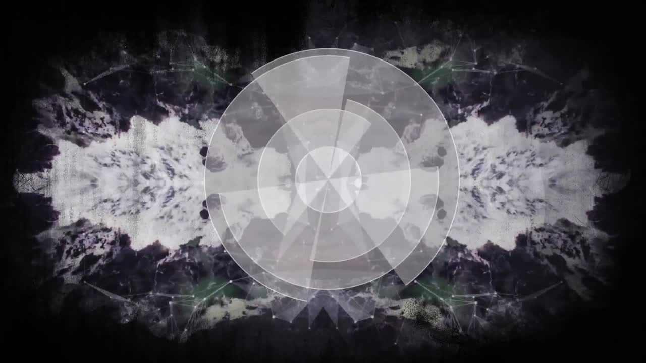 animación de escaneo de alcance circular gris con nubes de humo grises caleidoscópicas en negro