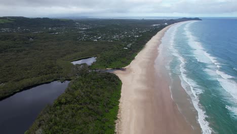 lake and broken head beach in northern rivers, nsw, australia - aerial drone shot