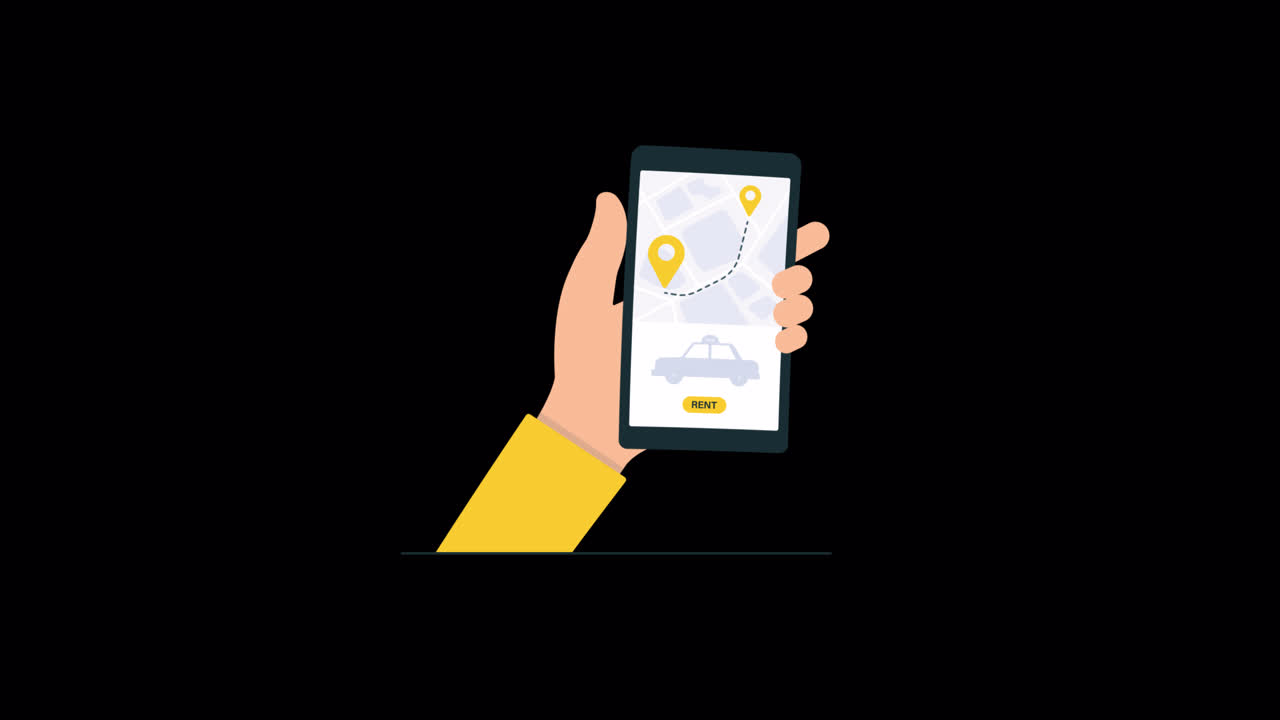 Animated Hand Holding Smartphone with Car Rental App on Screen