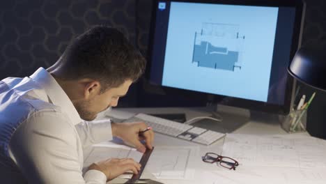 el diseñador de interiores está diseñando y dibujando la cocina de una casa en su escritorio. dibujo en perspectiva.