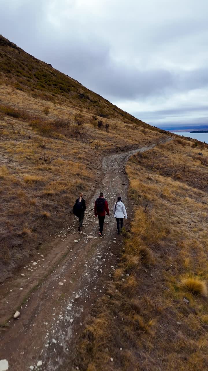 Una ripresa verticale con drone che segue tre escursionisti che camminano lungo un sentiero sterrato tortuoso su un fianco di collina dorato autunnale che si affaccia sul Lago Tekapo, Nuova Zelanda