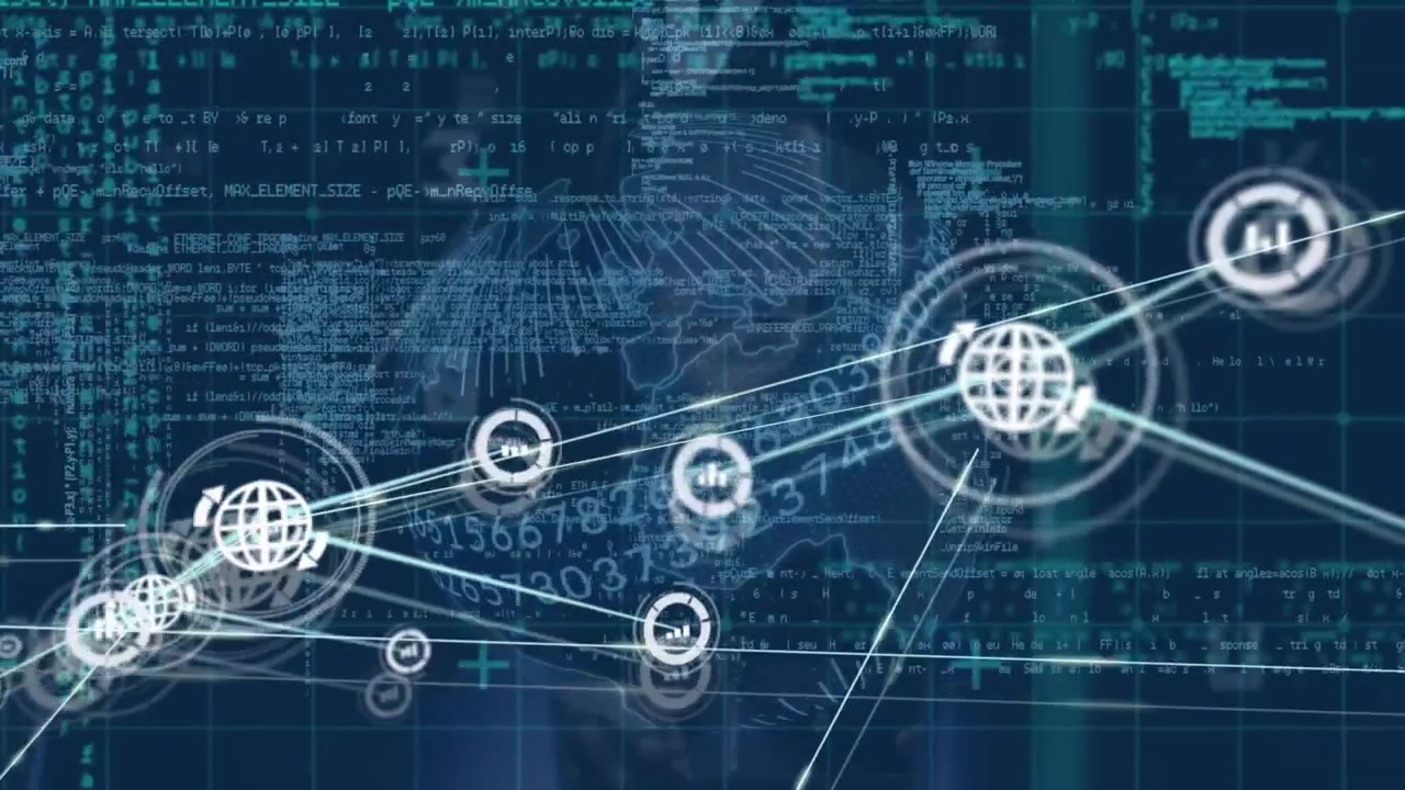 Animation of network of connections and data processing over globe
