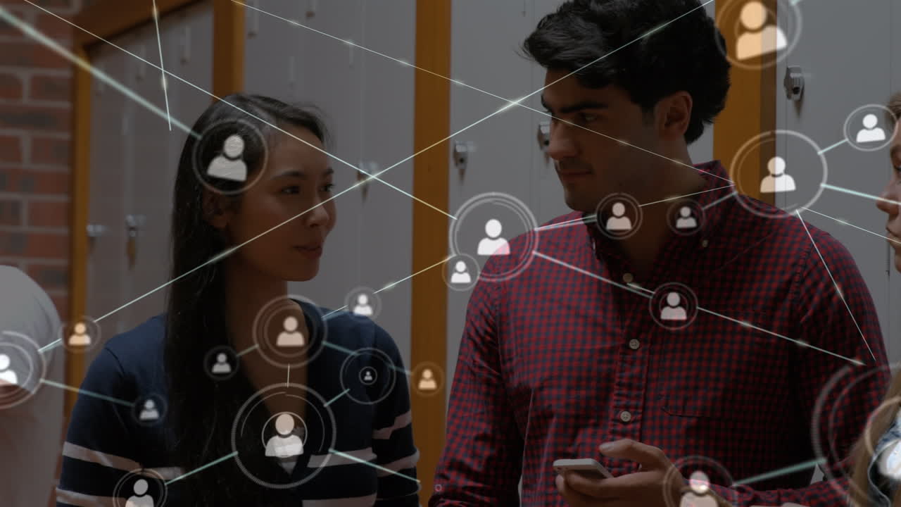 학교에서 이야기하는 다양한 학생들에 대한 아이콘으로 연결된 네트워크의 애니메이션