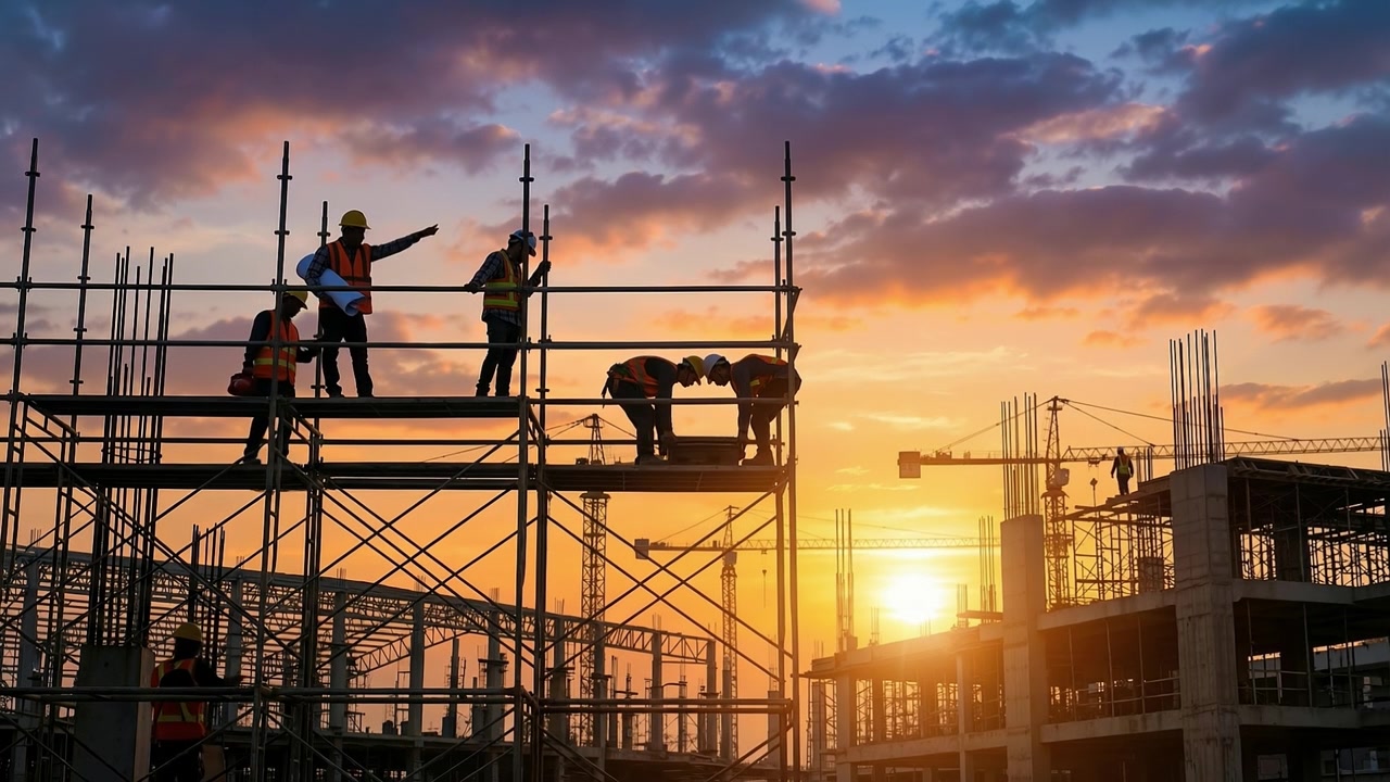 Construction workers standing on scaffolding at a building site during a dramatic orange sunset with cranes in the distance