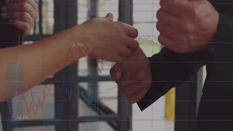 animation of data processing over businessman handshake