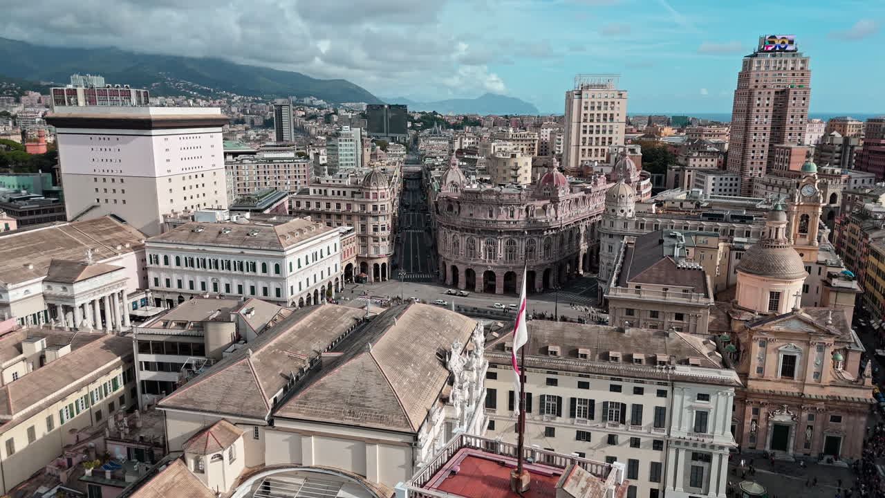 Aerial view of historic buildings surrounding Piazza De Ferrari in Genoa, Italy