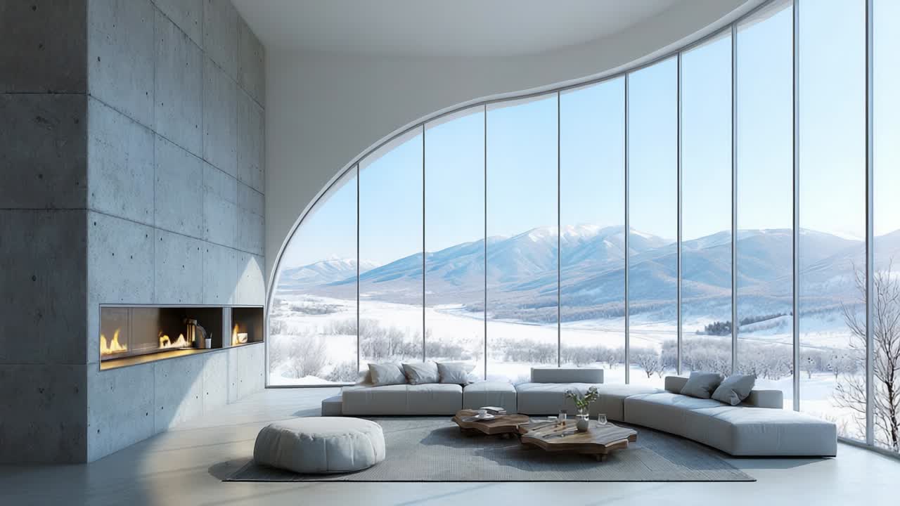 A modern, spacious living room with expansive glass walls offers a breathtaking winter landscape view, showcasing snow-covered mountains and trees, blending indoor elegance with outdoor serenity