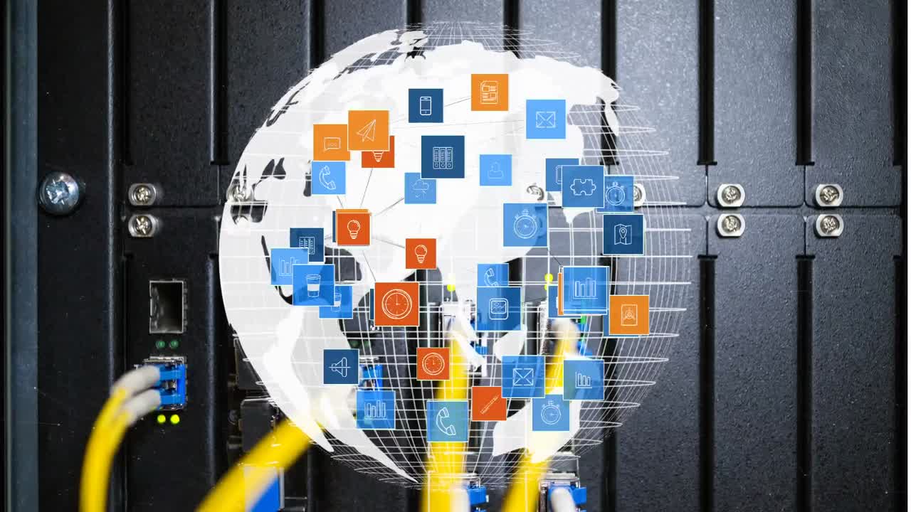 tierra digital rodeada de iconos girando en una torre de servidor