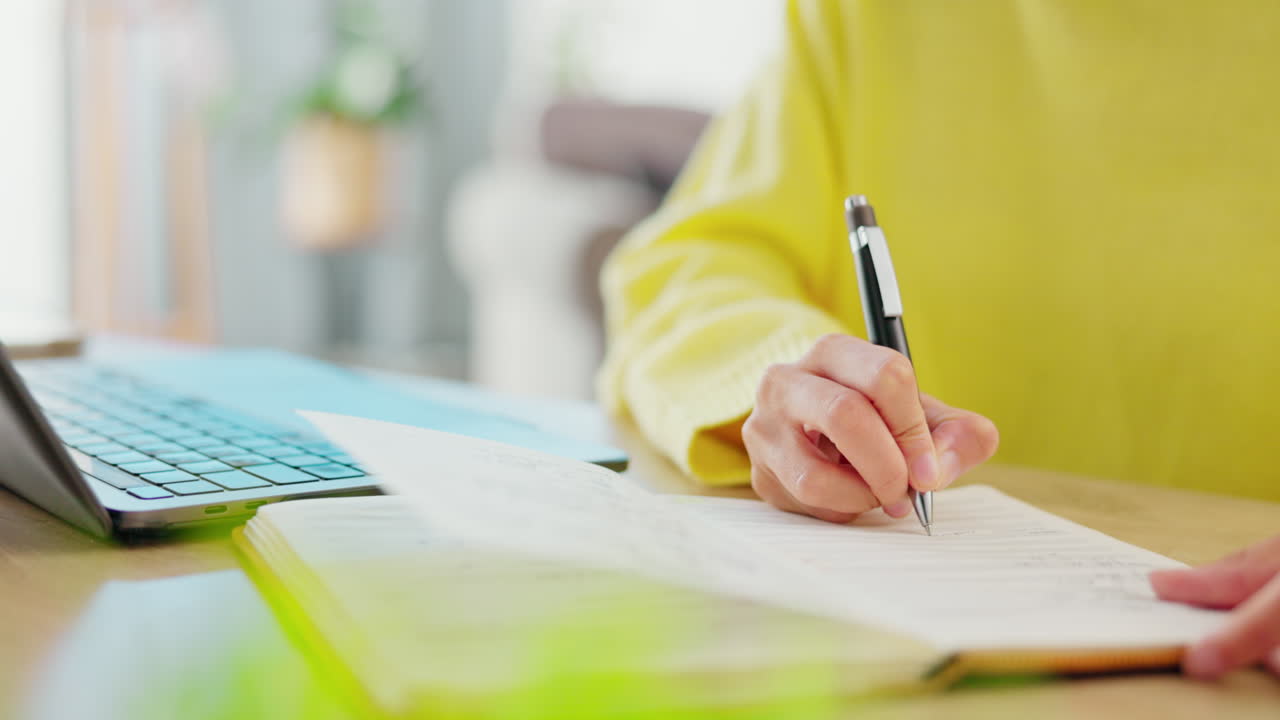 Writing, research and laptop with hands of woman
