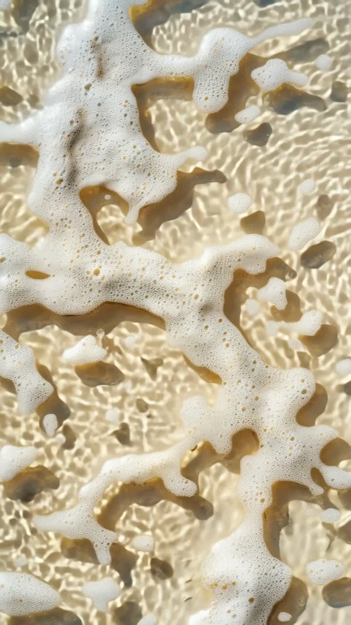 Top-down video shot of foamy sea waves on sandy beach, capturing the intricate patterns and textures