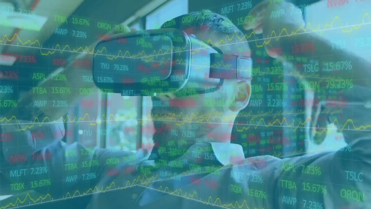 Animation of Caucasian man wearing a vr headset over data recording