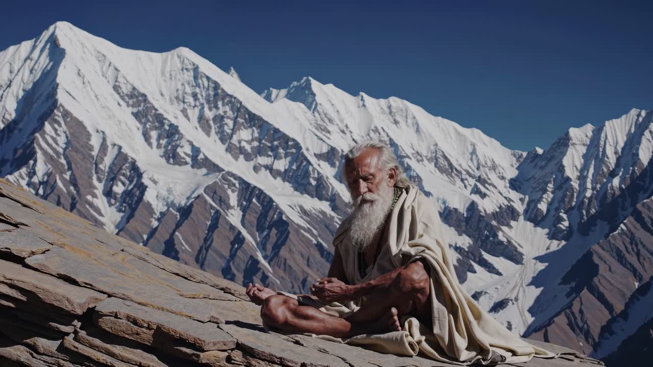 Kayalık bir yamacın üzerinde meditasyon yapan yaşlı bir adamın sakin bir video sahnesi; düşük bir açıdan çekilmiş