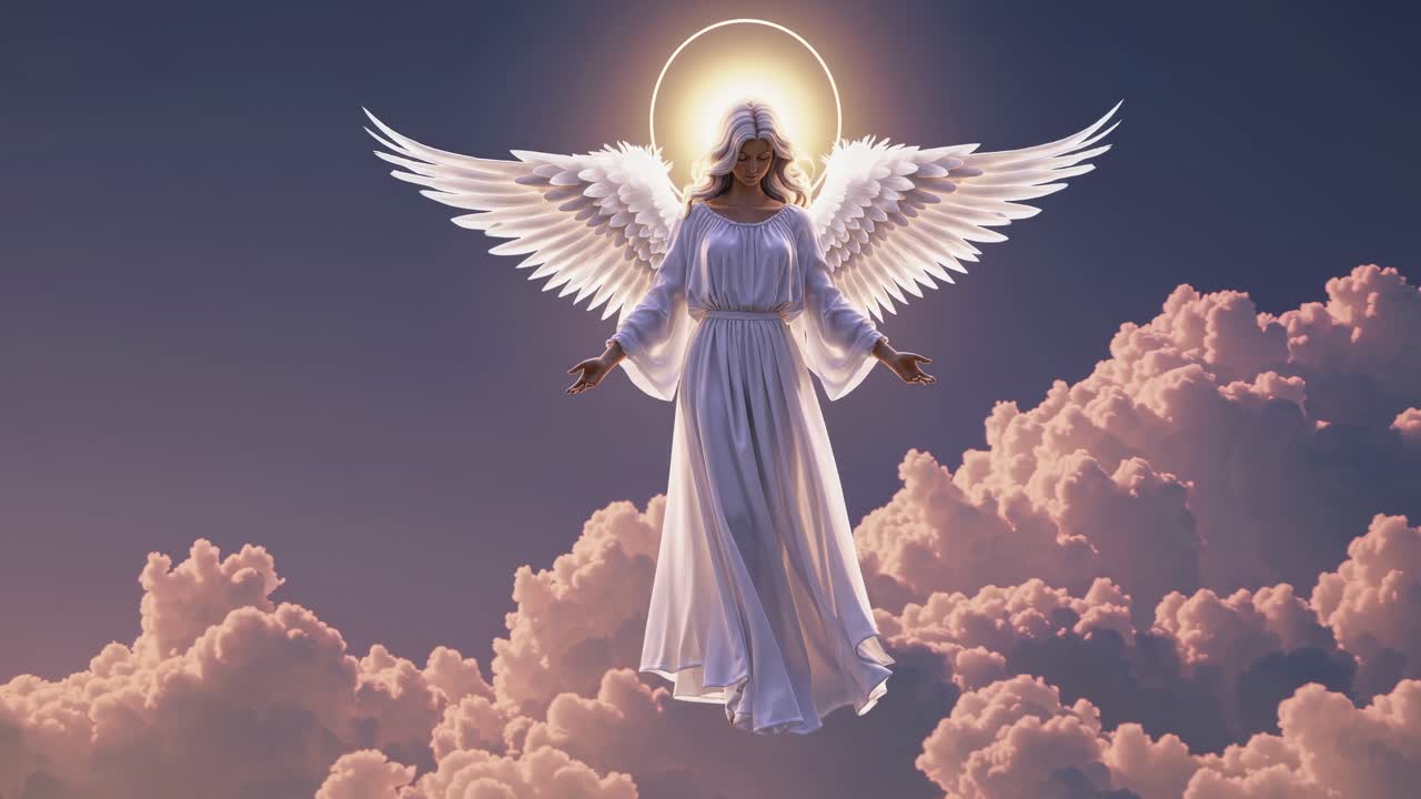 A divine angel with glowing wings and halo ascends among clouds