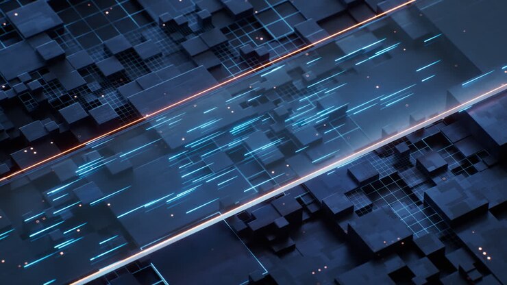 Circuito stampato tecnologico con linee di trasmissione fluide, rendering 3D