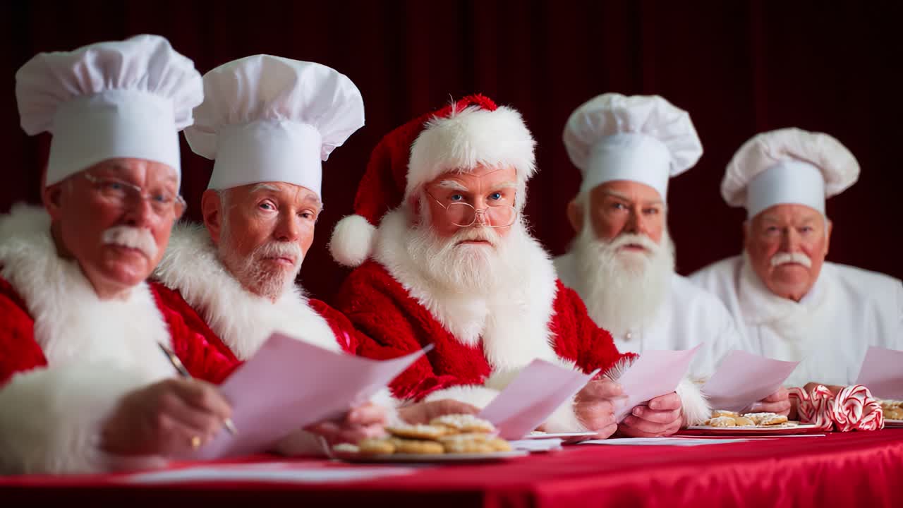 A Group of Santa-Clause Chefs in White Chef Hats and Red Suits Judging Holiday Treats and Cookies, Capturing the Spirit of Festivity and Culinary Excellence in an Enchanting Christmas Atmosphere