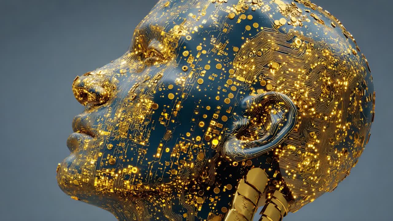 En fantastisk gengivelse af et robotagtigt hoved lavet af indviklede gyldne kredsløb, der fanger fusionen af teknologi og kunstnerisk udførelse i et futuristisk design.