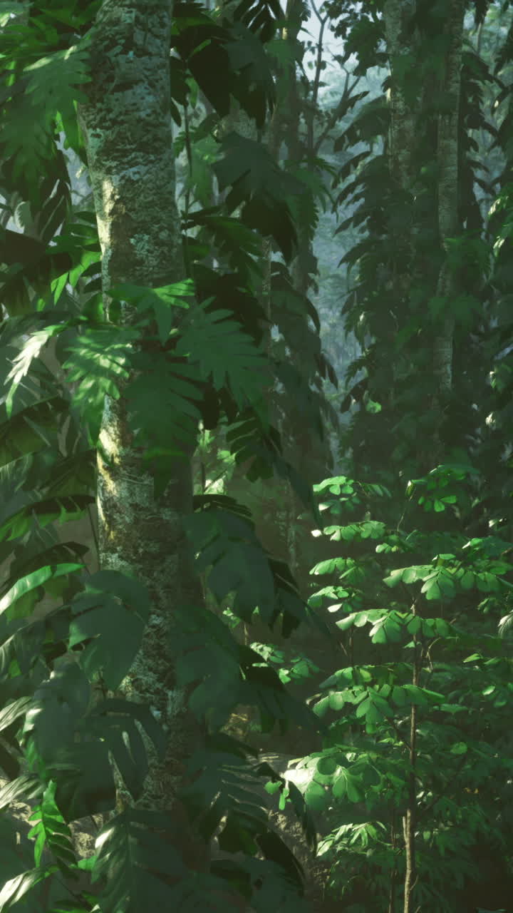 Una fitta foresta presenta alberi alti e foglie folte sotto la luce intensa del giorno