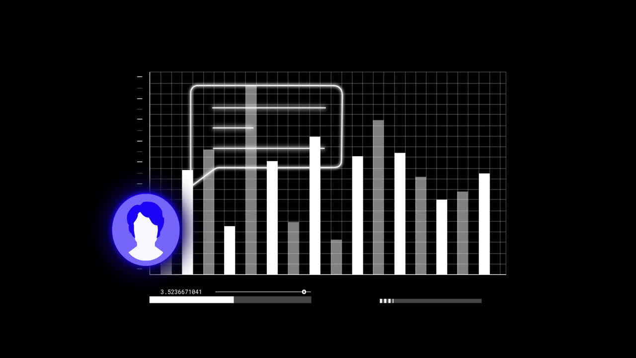Animation of media icons over data processing and diagram