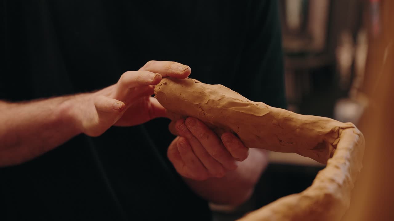 artist sculpting clay figure by hand in warm indoor light studio setting