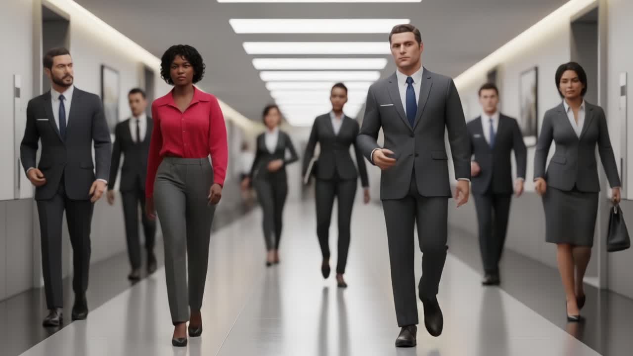 A Diverse Group of Professionals Walks Purposefully Down a Modern Office Corridor, Showcasing Confidence and Unity in Their Business Attire