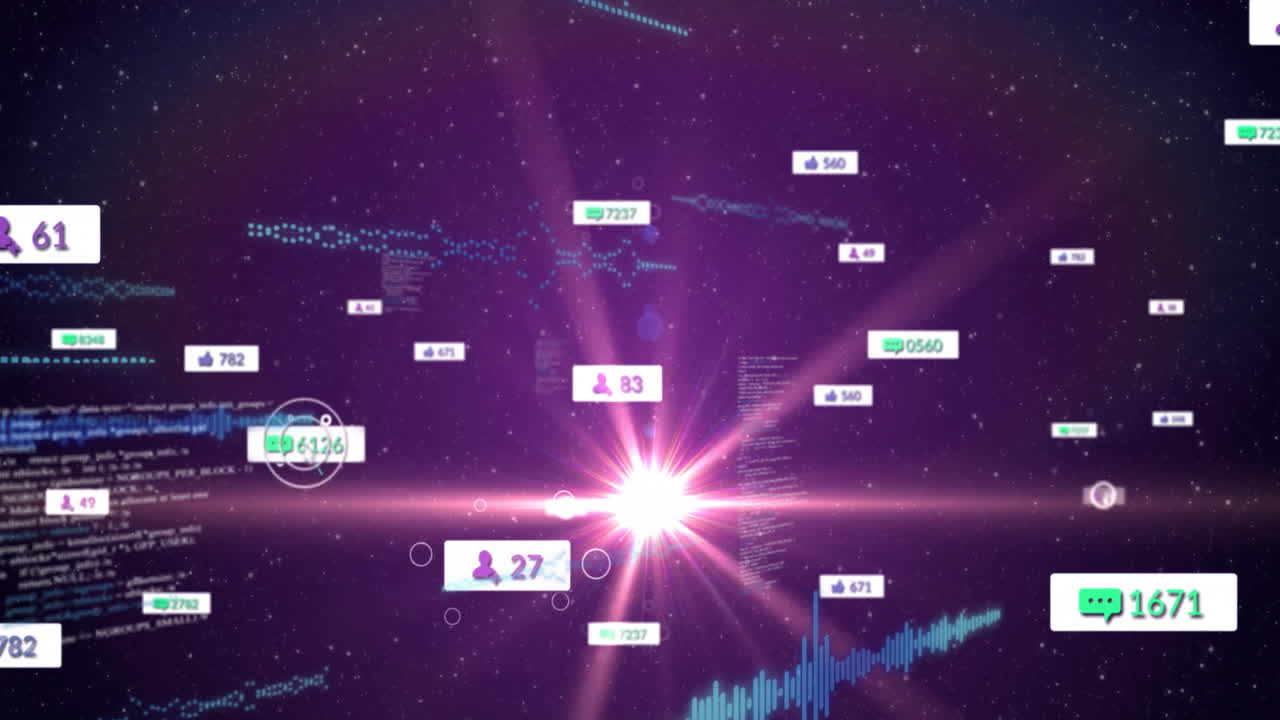 Animation of digital data points and graphs floating in starry purple space background