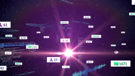 animation of digital data points and graphs floating in starry purple space background