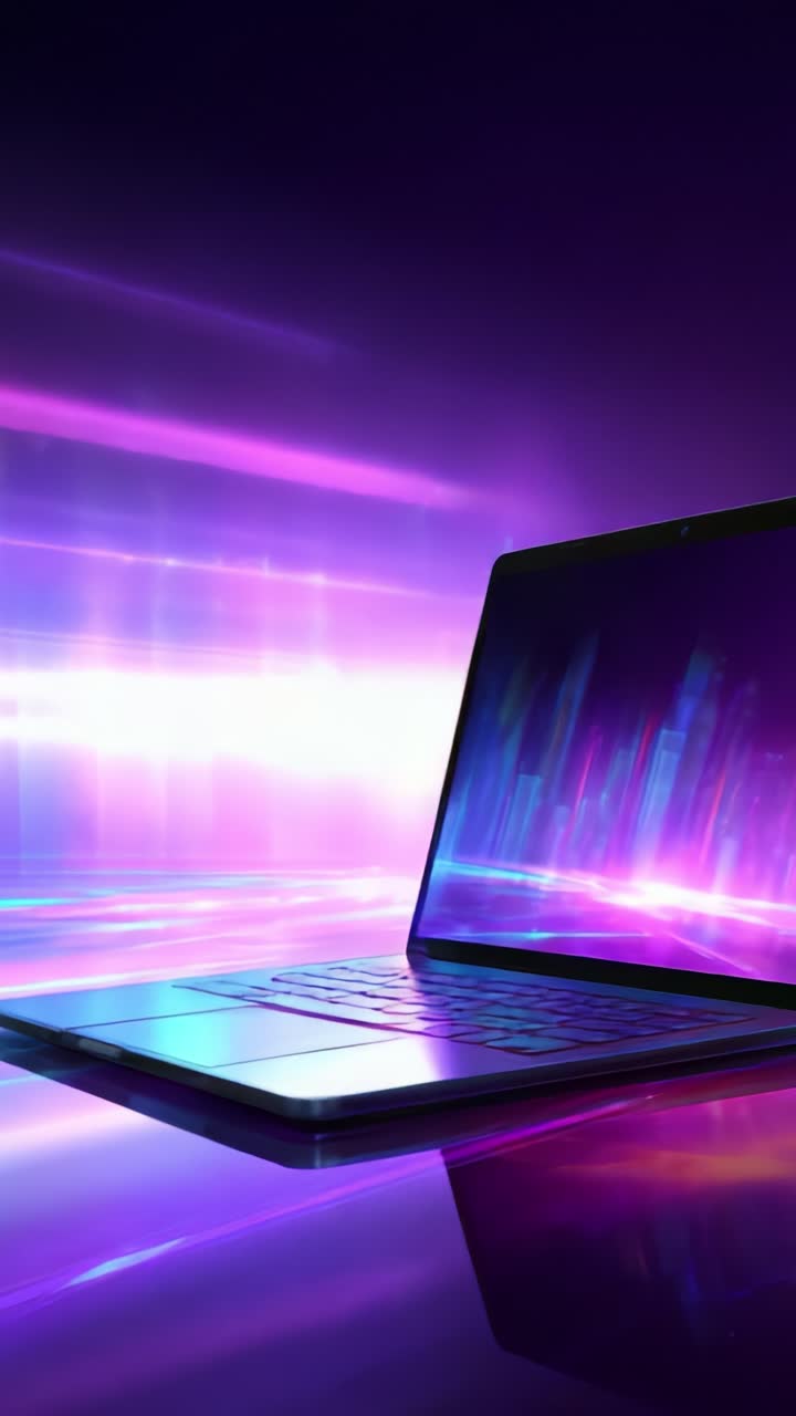 Un portatile scintillante che mostra colori vivaci su uno sfondo futuristico di scie luminose e motivi astratti in una scena estetica digitale
