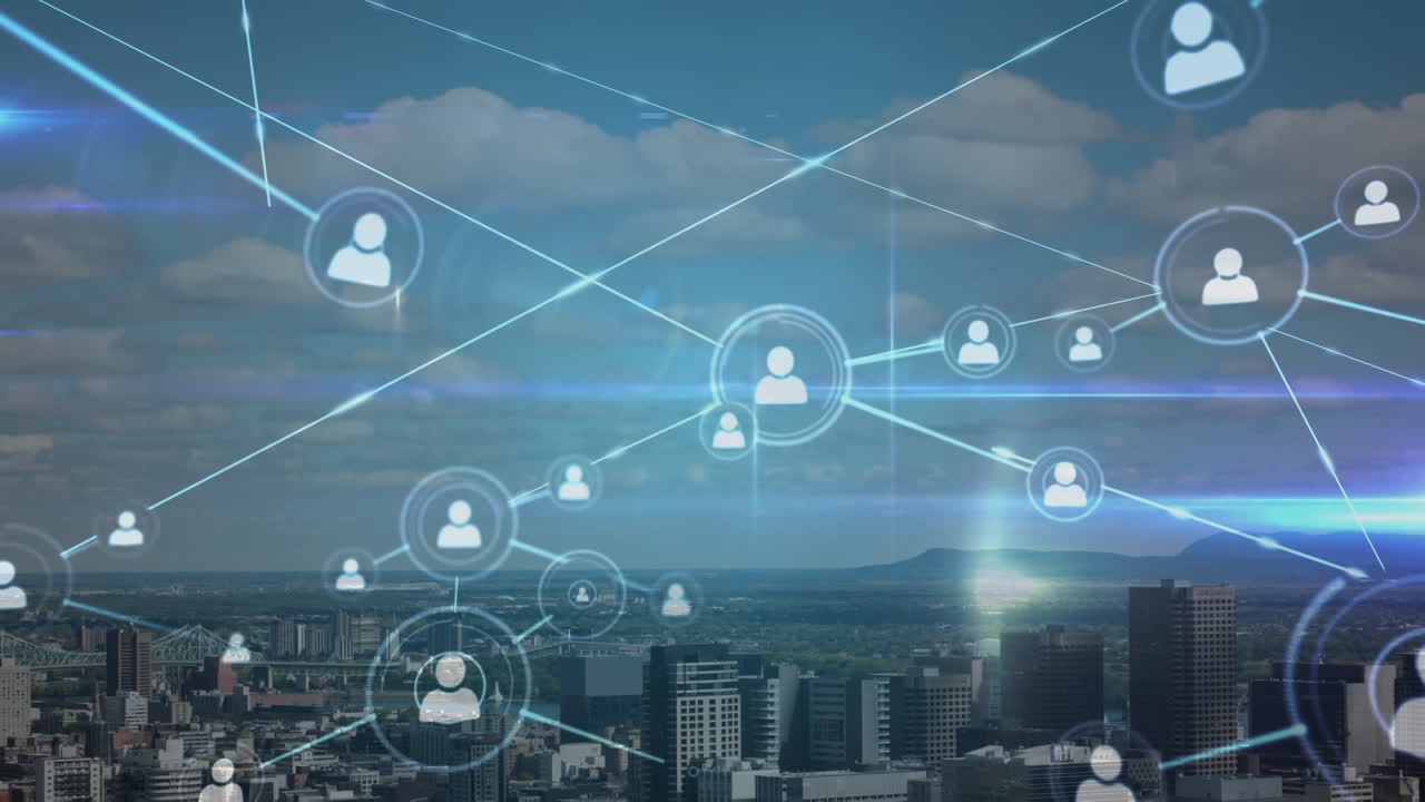Animation of connections between people with city in background