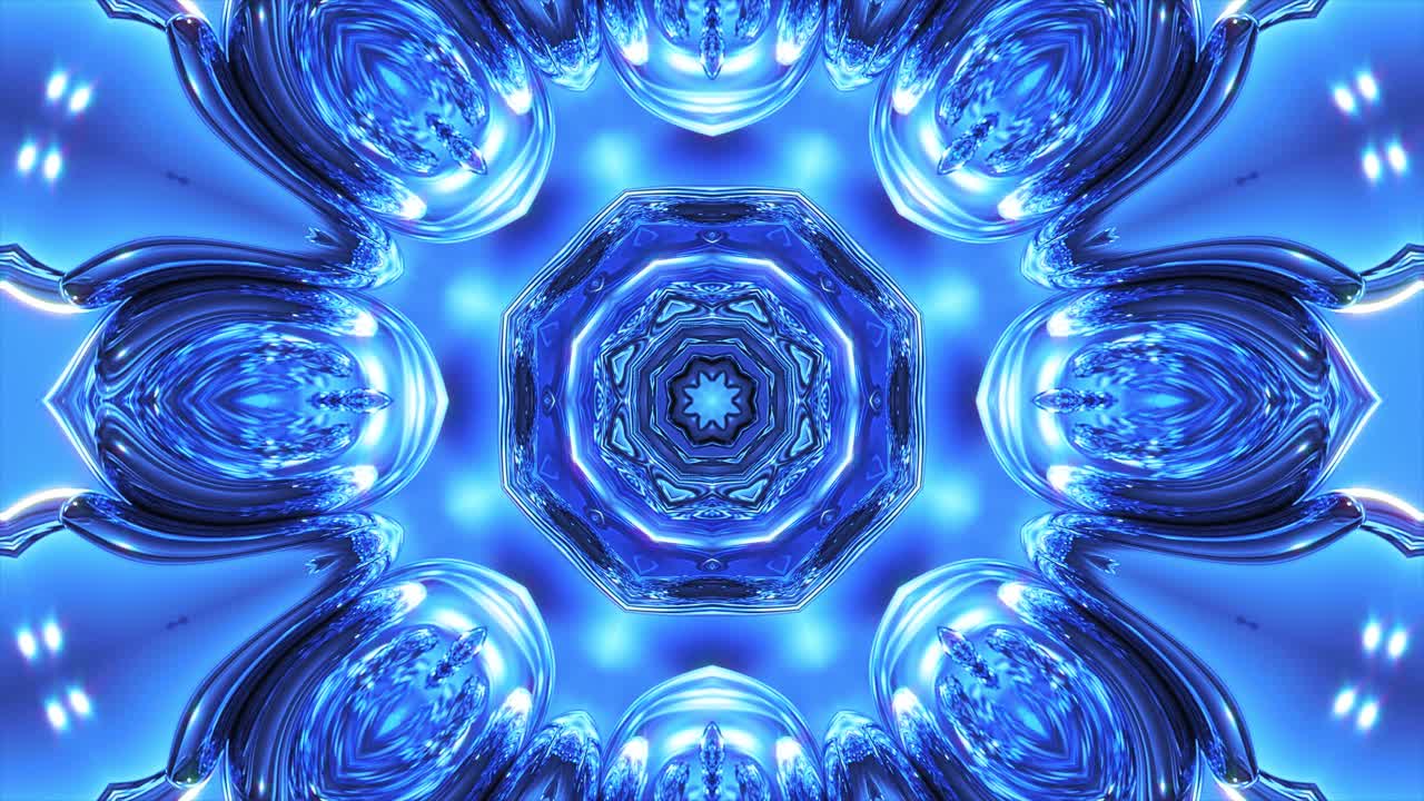 Radiant blue kaleidoscope glowing with crystal-like symmetry and abstract depth