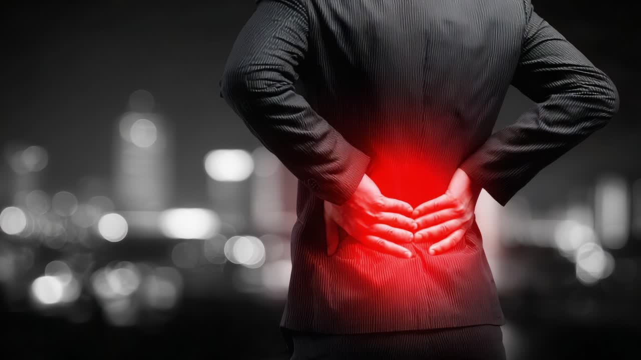 A Man with Back Pain: Struggling with Discomfort in a Urban Nightscape, Highlighting the Need for Awareness and Attention to Health Issues Regarding the Spine