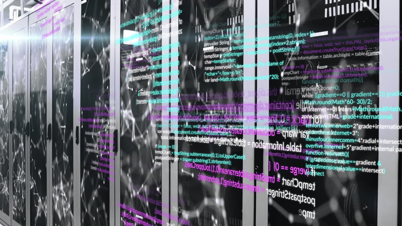 Animation of data processing and shapes over server room