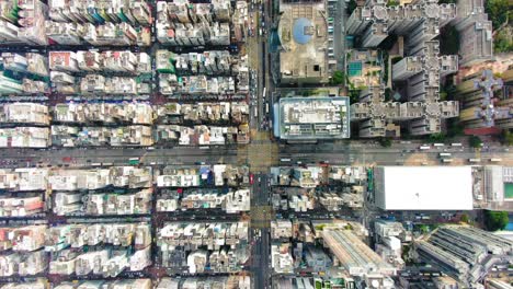 downtown hong kong buildings, crosswalk and traffic, high altitude aerial view