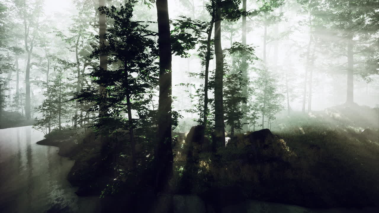 Mysterious forest mist envelops a tranquil stream at dawn