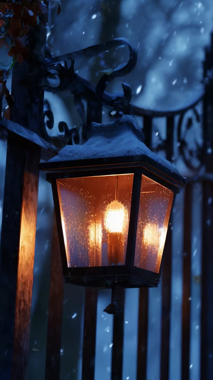 Una lanterna splendidamente illuminata che proietta una luce calda tra la neve che cade al crepuscolo accanto a un cancello decorativo in un paesaggio invernale incantato