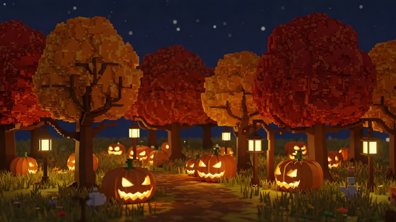 A Spooky Autumn Night in a Pixelated Forest Filled with Jack-o'-Lanterns and Colorful Trees Illuminated by Lanterns under a Starry Sky