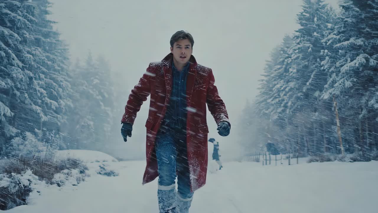 A man in a red coat walking in the snow