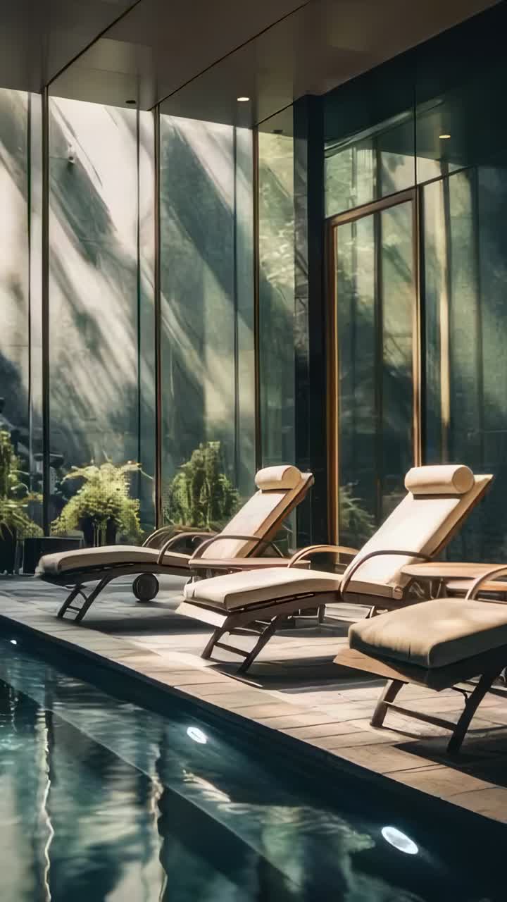 Vertical video: Casting reflections across pool and chairs on deck from windows by morning sunlight