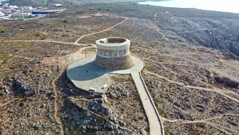 Fornells-Tower-fortress,-Menorca,-Balearic-Islands,-aerial-parallax