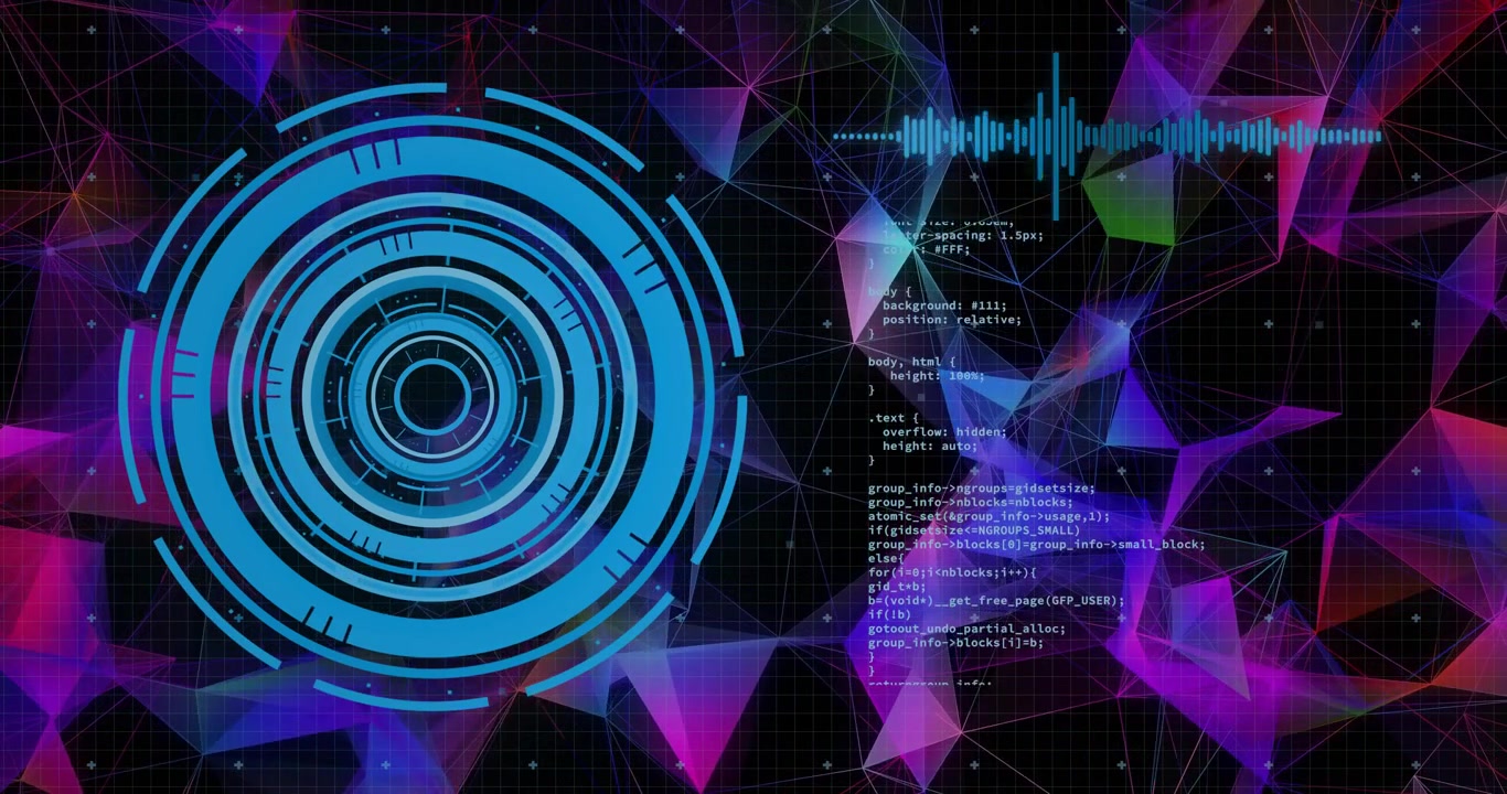Öffnen einer durchscheinenden blauen HUD-Oberfläche, die scrollenden Code initiiert, eine ausblendende Wellenform zeigt und die Datenlast darstellt.