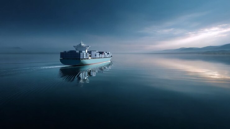 A Large Cargo Ship Navigating Tranquil Waters Under a Moody Sky, Capturing the Essence of Maritime Transportation and the Beauty of Nature