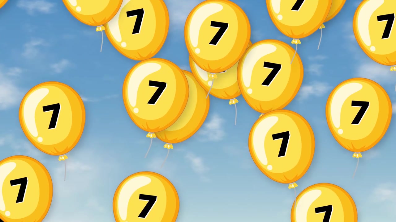 Gruppo di palloncini gialli con il numero sette che fluttuano verso l'alto contro uno sfondo di cielo azzurro brillante