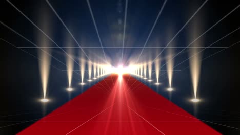 Animation-of-glowing-lights-and-grid-over-red-carpet