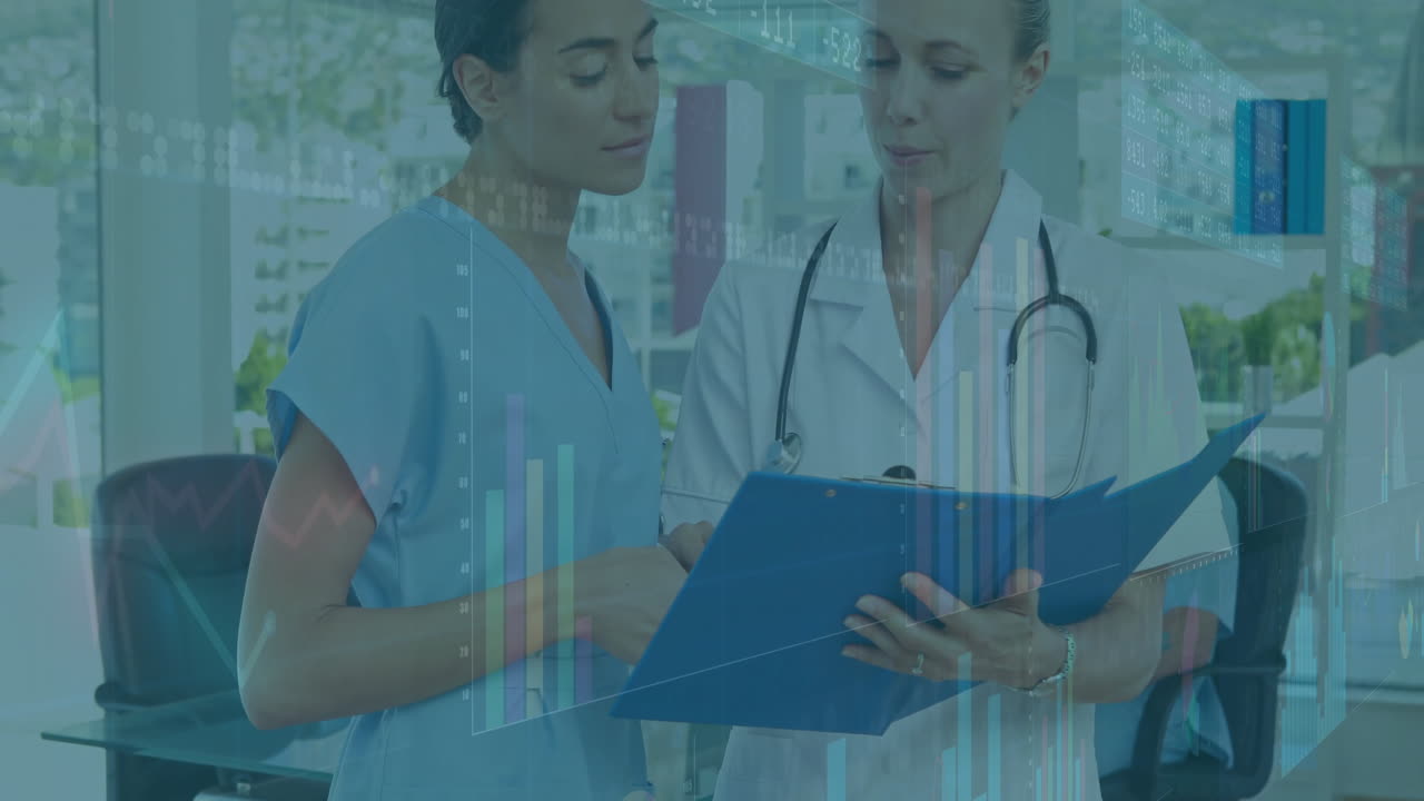 Two medical professionals reviewing patient data in clinic, with floating digital health charts