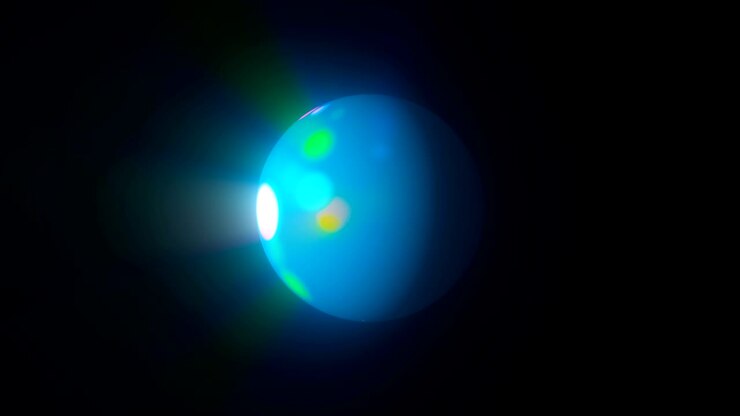 Digital colorful sphere with lighting circles in space, modern computer generated background, 3D render