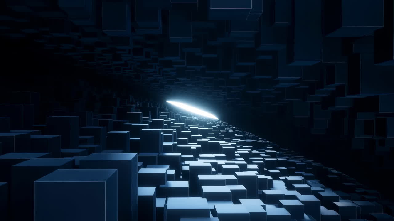 Dark Cube Corridor Lit By A Cold Spotlight Sweeping Over Modular Blocks. Deep Geometric Passage