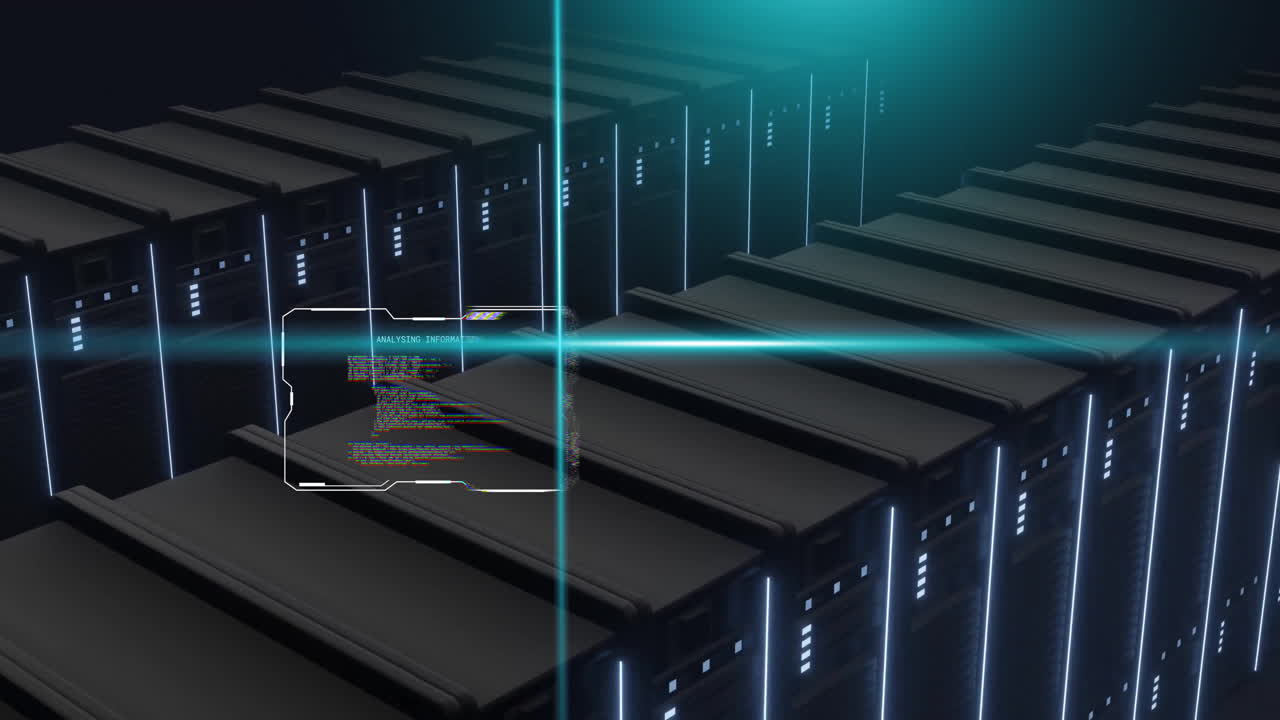 Animation of blue scanner beams and interfaces processing data over banks of computer servers