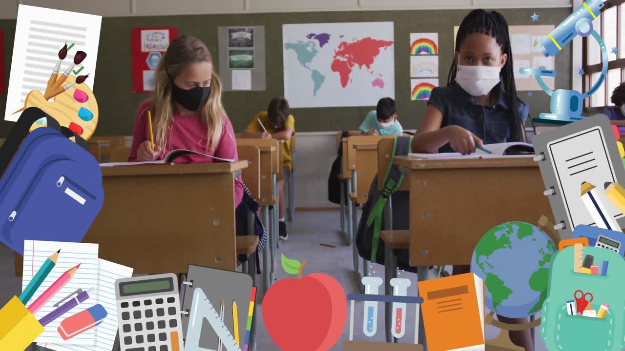 교실 에 앉아 서로 팔꿈치 를 만지는 아이 들 위 에 있는 학교 아이콘 의 애니메이션