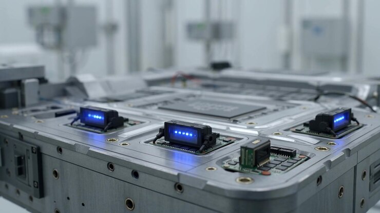 Close-up of Advanced Electronic Hardware with Blinking Blue Lights
