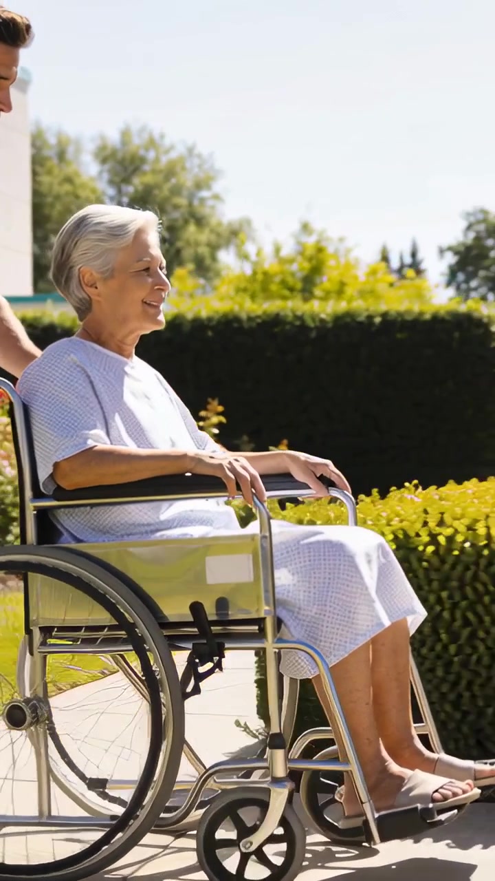 Video verticale: Infermiera che spinge una donna in camice su una sedia a rotelle lungo un sentiero in giardino per una passeggiata soleggiata, stetoscopio